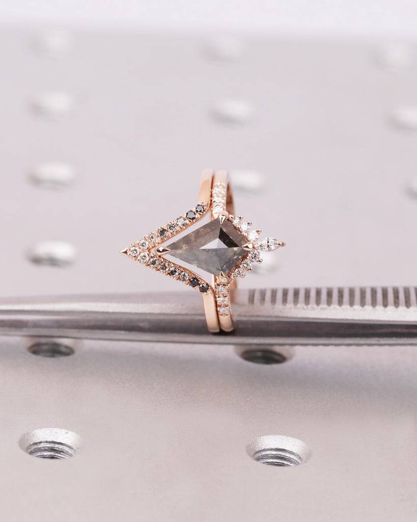 Kite Salt & Pepper Diamond Art Deco Engagement Ring Set with Moissanite Accents, V Shaped Ombre Diamond Band, 14k Rose Gold Bridal Ring Set image #4