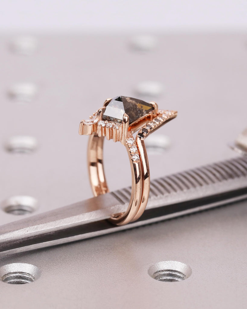 Kite Salt & Pepper Diamond Art Deco Engagement Ring Set with Moissanite Accents, V Shaped Ombre Diamond Band, 14k Rose Gold Bridal Ring Set image #7