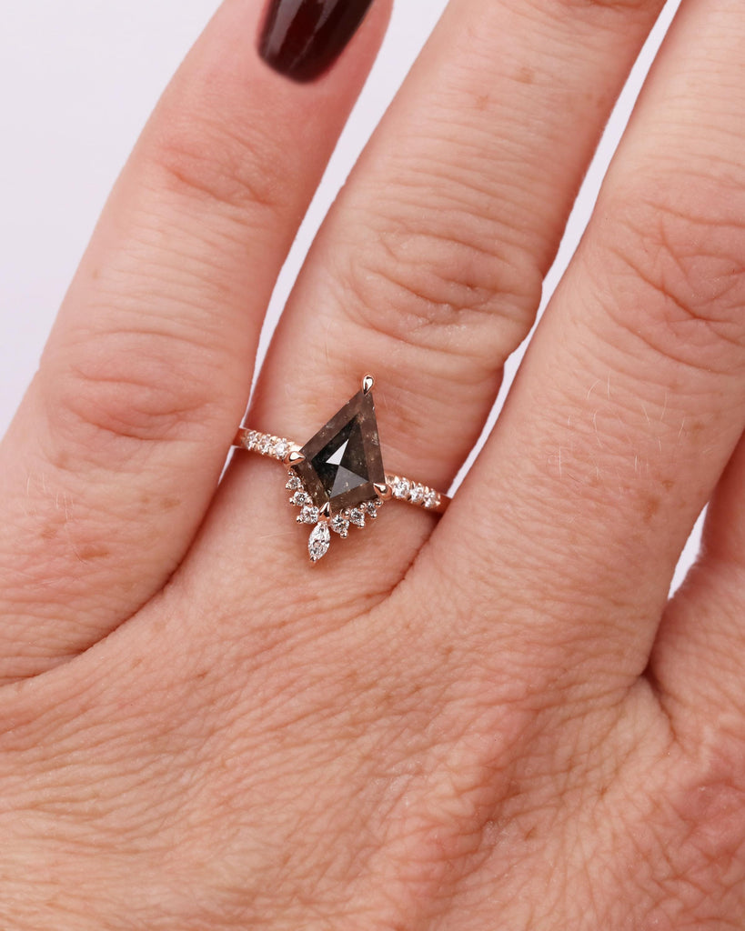 14k Rose Gold Vintage Salt & Pepper Kite Diamond Engagement Ring, Diamond or Moissanite Accents, Art Deco Promise Ring image #1