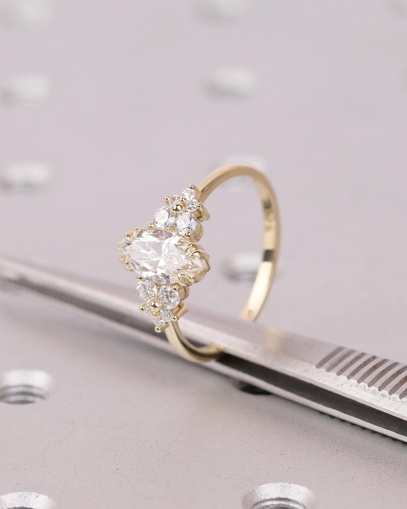 IGI Certified Marquise Cut Lab Grown Diamond Engagement Ring, Vintage 14k Solid Gold Wedding Rings, Round Moissanite Cluster Floral Accents image #1