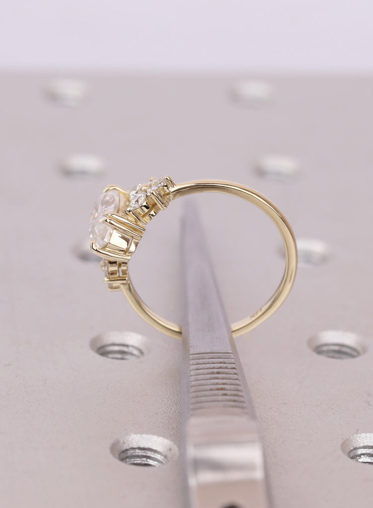 Yellow Gold Marquise Lab Diamond Engagement Ring with Round Cluster Side Stones, Unique Proposal Ring image #9