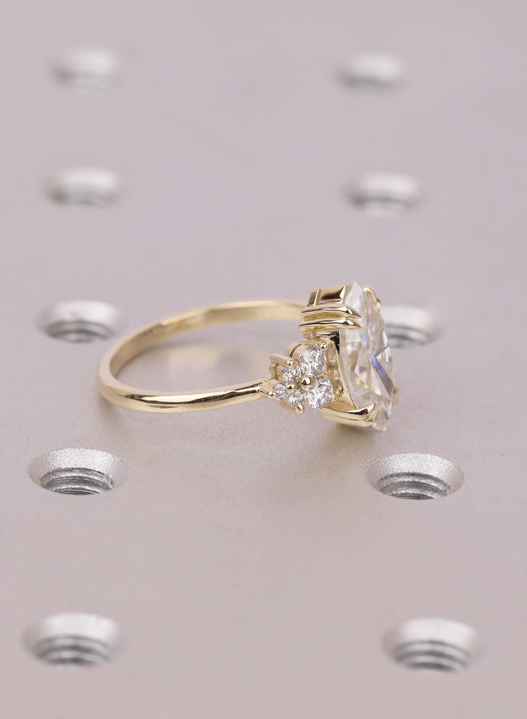 Marquise Moissanite Engagement Ring in Yellow Gold with Round Cluster Side Stones, Vintage Inspired Proposal Ring for Her image #3