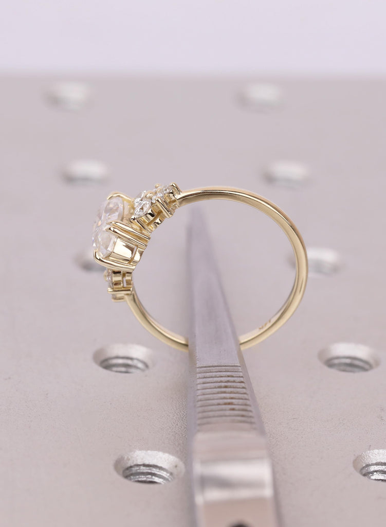 Marquise Moissanite Engagement Ring in Yellow Gold with Round Cluster Side Stones, Vintage Inspired Proposal Ring for Her image #8