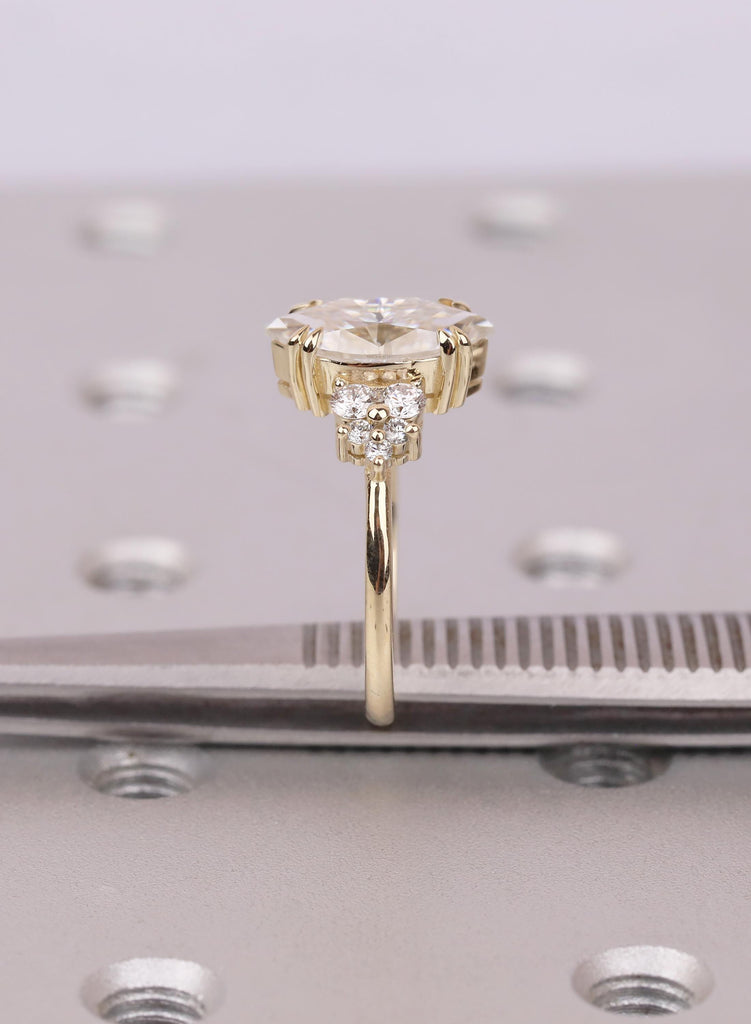 Marquise Moissanite Engagement Ring in Yellow Gold with Round Cluster Side Stones, Vintage Inspired Proposal Ring for Her image #13