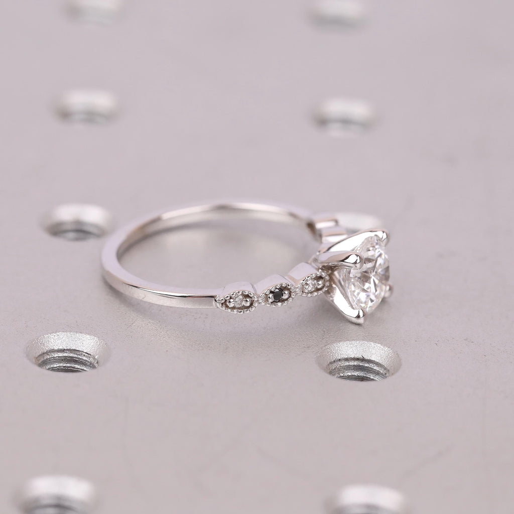 14k White Gold Promise Ring with White Moissanite and Black Diamond | Unique Round cut Ring Jewelry Gift for Her image #3