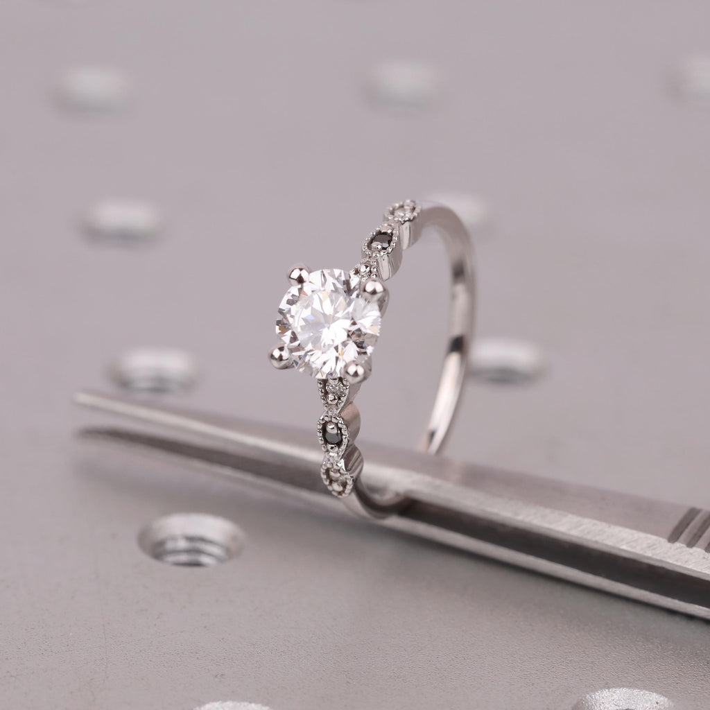 Round Moissanite Engagement Rings for Women | Black and White Diamond Vintage Gold Jewelry | Wedding Anniversary Gift image #4