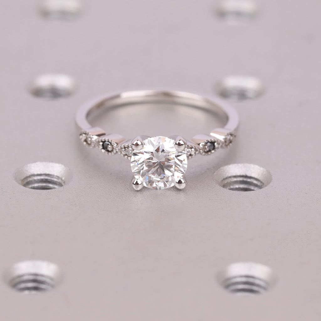 14k White Gold Promise Ring with White Moissanite and Black Diamond | Unique Round cut Ring Jewelry Gift for Her image #2