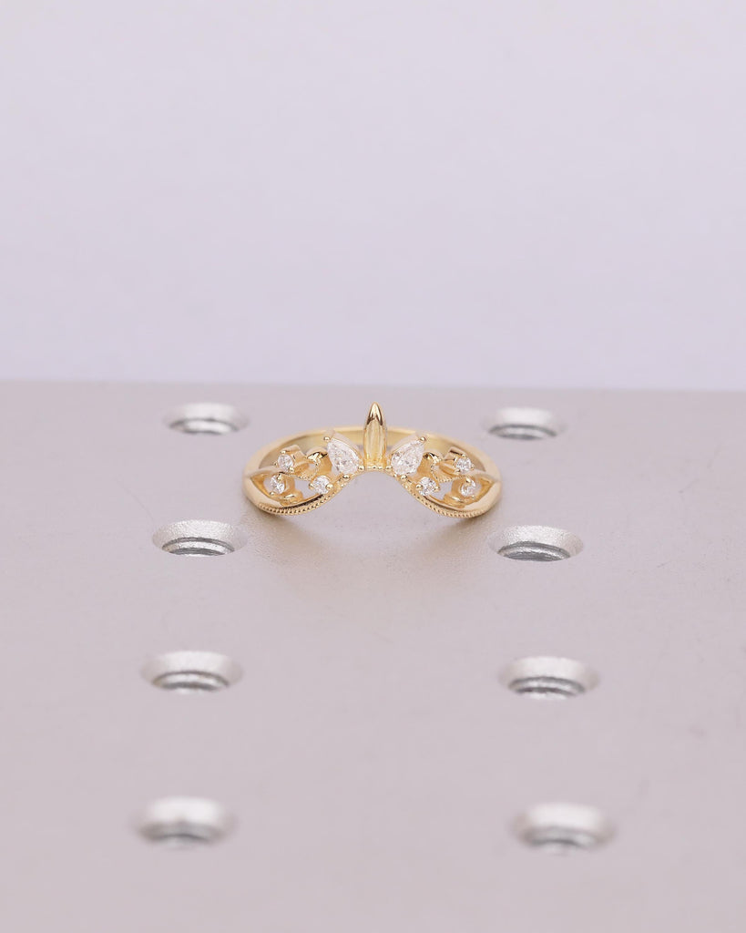 18k Yellow Gold Curved Wedding Band, Art Deco Pear, Round Moissanite Matching Rings image #13
