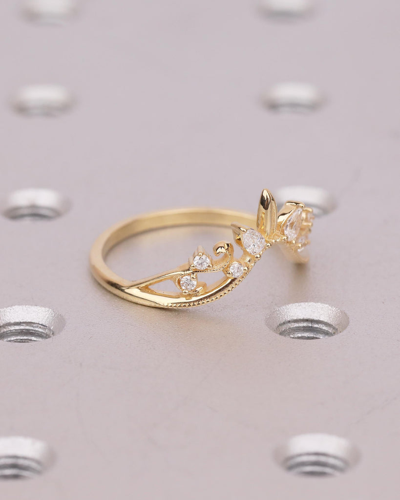 Diamond Wedding Band Women, Vintage 18k Solid Gold Promise Ring for Her, Milgrain Floral Crown Ring, Nature Stackable Rings, Birthday Gift image #8
