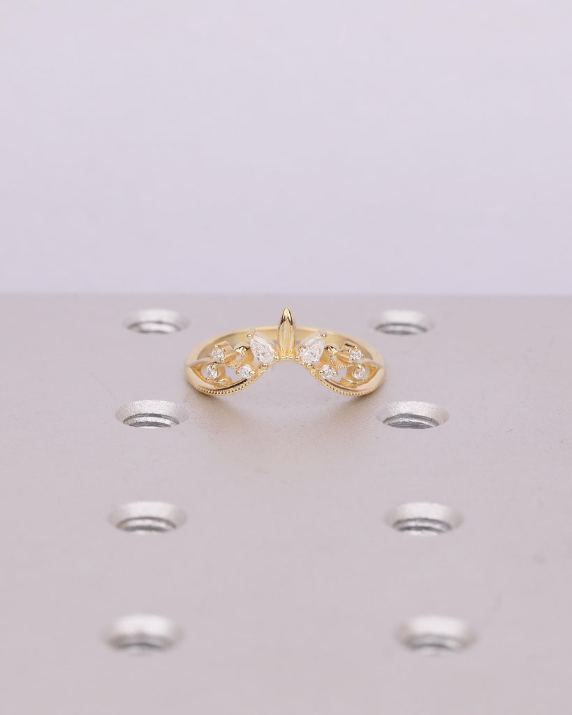 18k Yellow Gold Curved Wedding Band, Art Deco Pear, Round Moissanite Matching Rings image #15