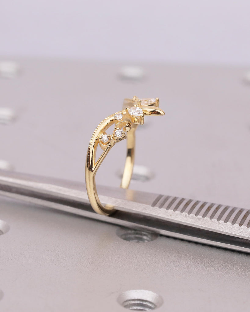 18k Yellow Gold Curved Wedding Band, Art Deco Pear, Round Moissanite Matching Rings image #12