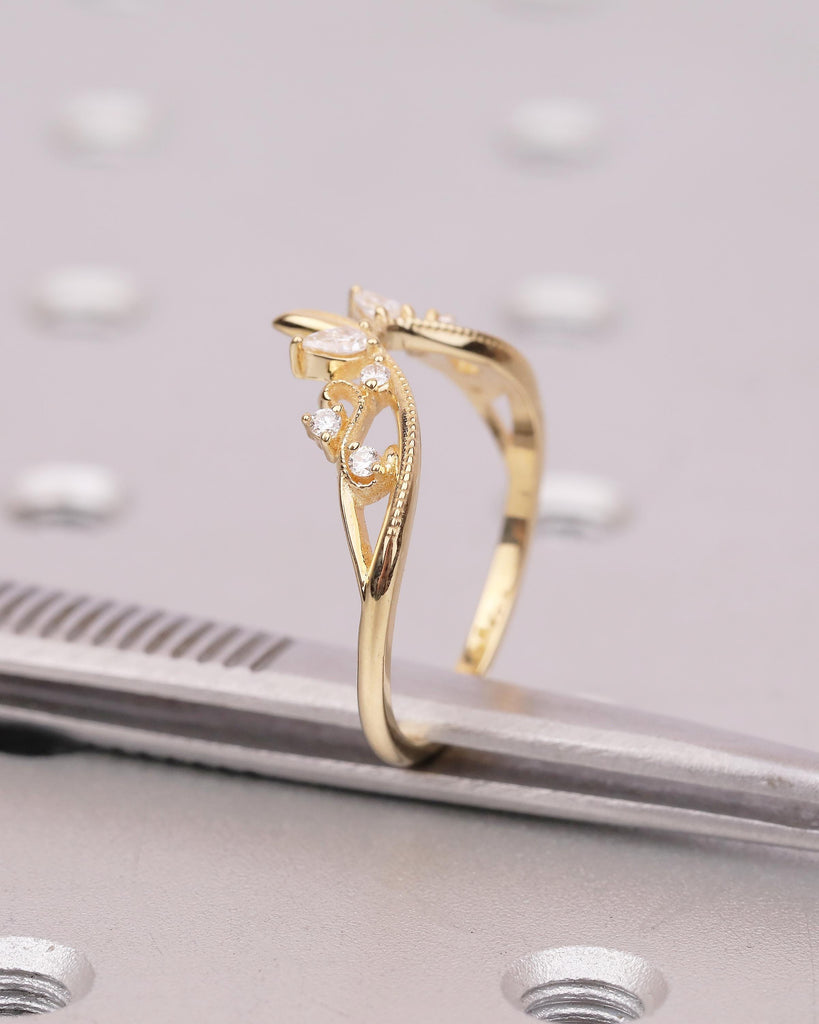 18k Yellow Gold Curved Wedding Band, Art Deco Pear, Round Moissanite Matching Rings image #5