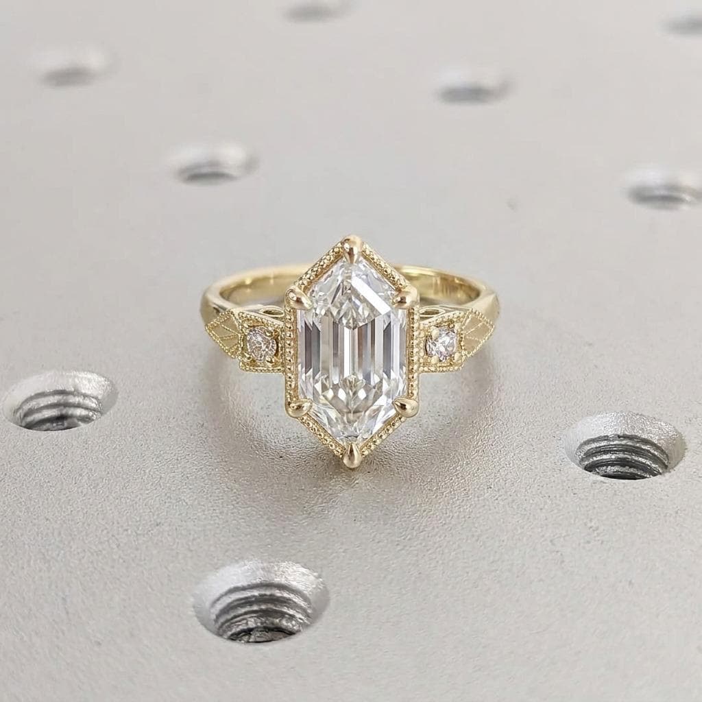Three Stone Moissanite Antique Proposal Ring for Her | Dutch Marquise cut Ring | Victorian Inspired Gold Jewelry image #2