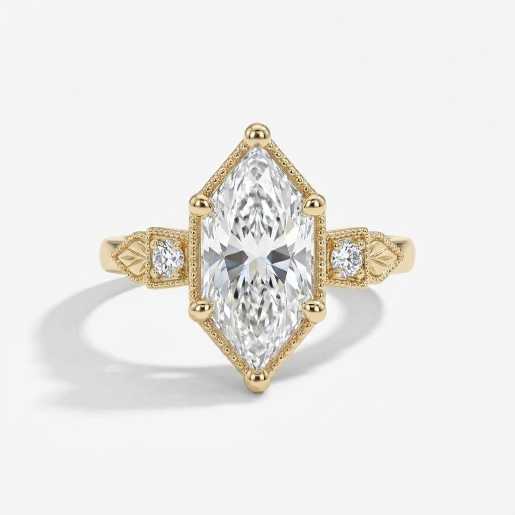 14k/18k Gold Dutch Marquise Moissanite Bezel Ring | Vintage Engagement Rings for Women | Wedding Anniversary Gift
