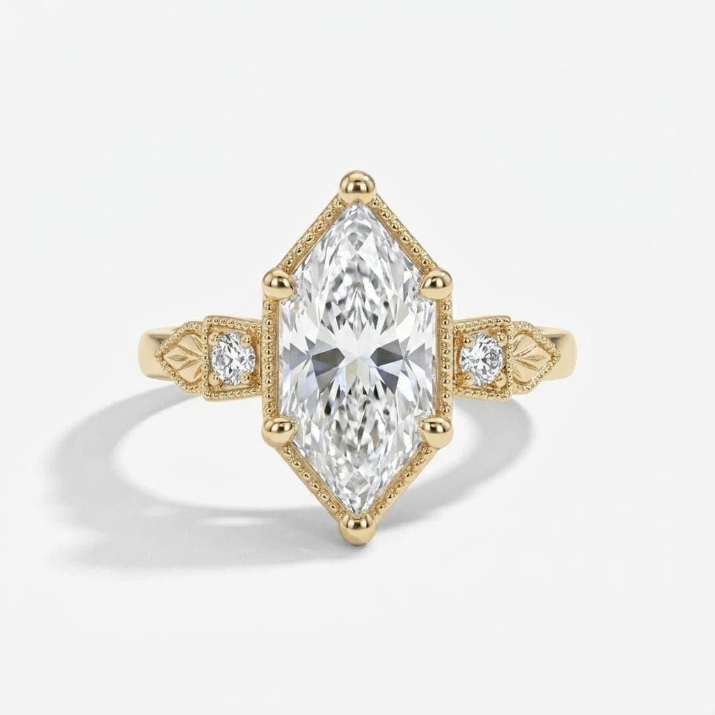 Three Stone Moissanite Antique Proposal Ring for Her | Dutch Marquise cut Ring | Victorian Inspired Gold Jewelry image #5