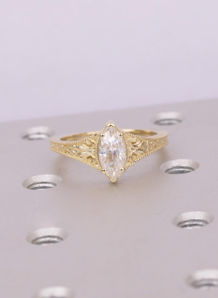 1ct Marquise Lab Diamond Engagement Ring, 14K Gold Filigree Milgrain Art Deco Style Vintage Ring image #12