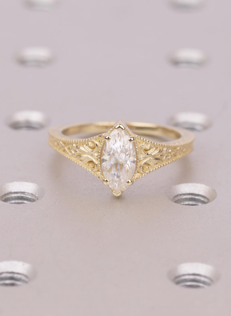1ct Marquise Lab Diamond Engagement Ring, 14K Gold Filigree Milgrain Art Deco Style Vintage Ring image #3