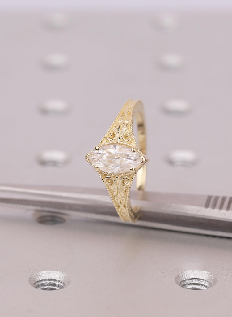 1ct Marquise Lab Diamond Engagement Ring, 14K Gold Filigree Milgrain Art Deco Style Vintage Ring image #8