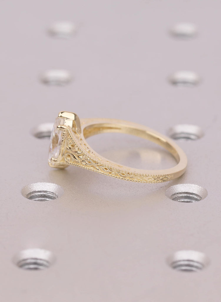 Filigree 14k Gold Solitaire Rings, Marquise Moissanite Ring, Vintage Gold Engagement Ring, Solid Gold Handmade Jewelry, Moissanite Jewelry image #5