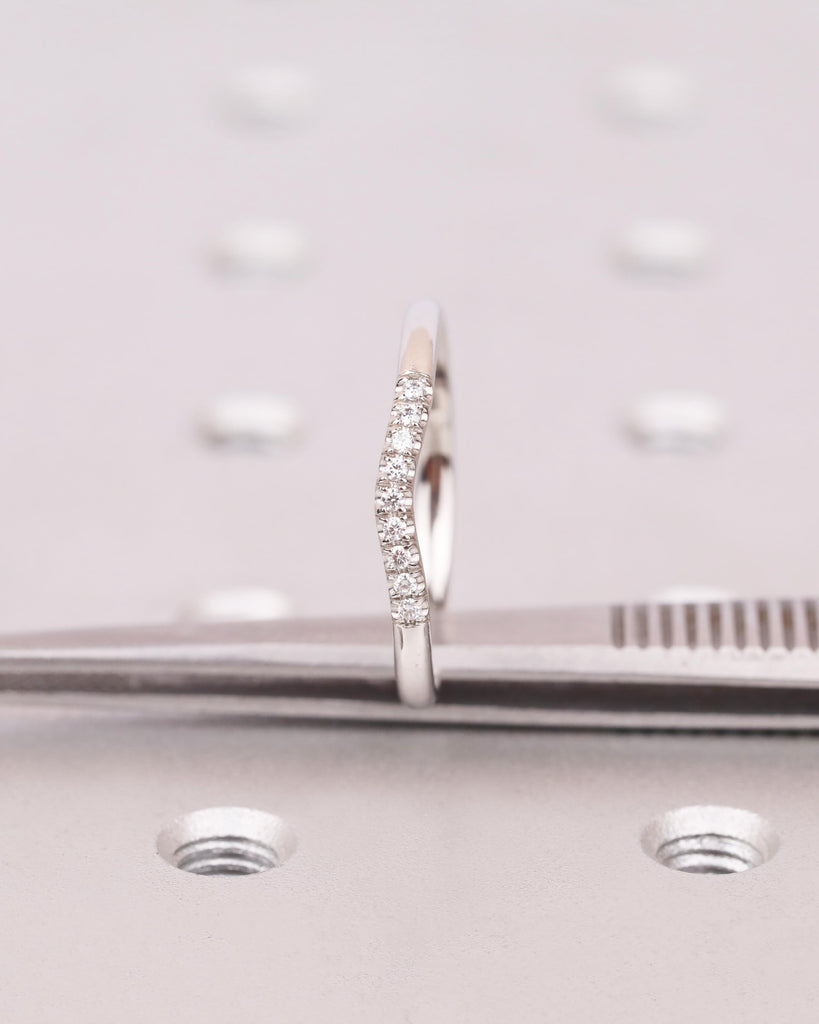 Curved Wedding Band with Round Diamonds or Moissanites | Platinum, 14K or 18K Gold Band | Nine Stone Ring | Vintage Style Wedding Rings image #7