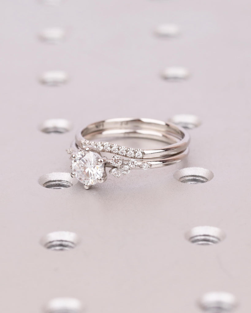 2Pcs Round Moissanite Engagement Ring Set | Unique Snowdrift Cluster Ring | Curved Moissanite Wedding Band | 14K, 18K Solid Gold or Platinum image #6