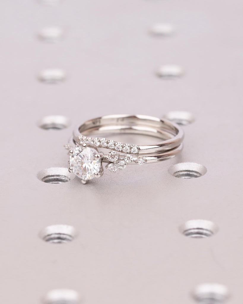 Unique Moissanite Bridal Set: Snowdrift Cluster Engagement Ring with Curved Matching Band in Platinum or Solid Gold image #3
