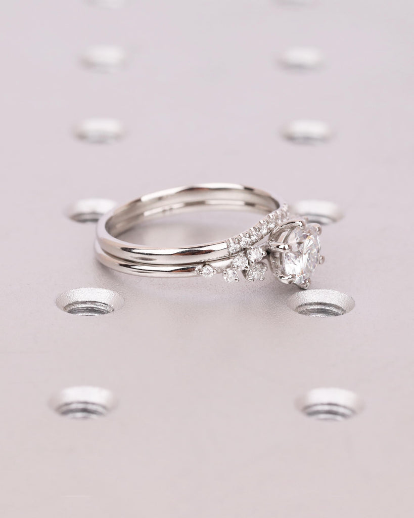 Vintage Lab Grown Diamond Snowdrift Cluster Engagement Ring with Matching Diamond Band, 2Pcs Bridal Ring Set image #7
