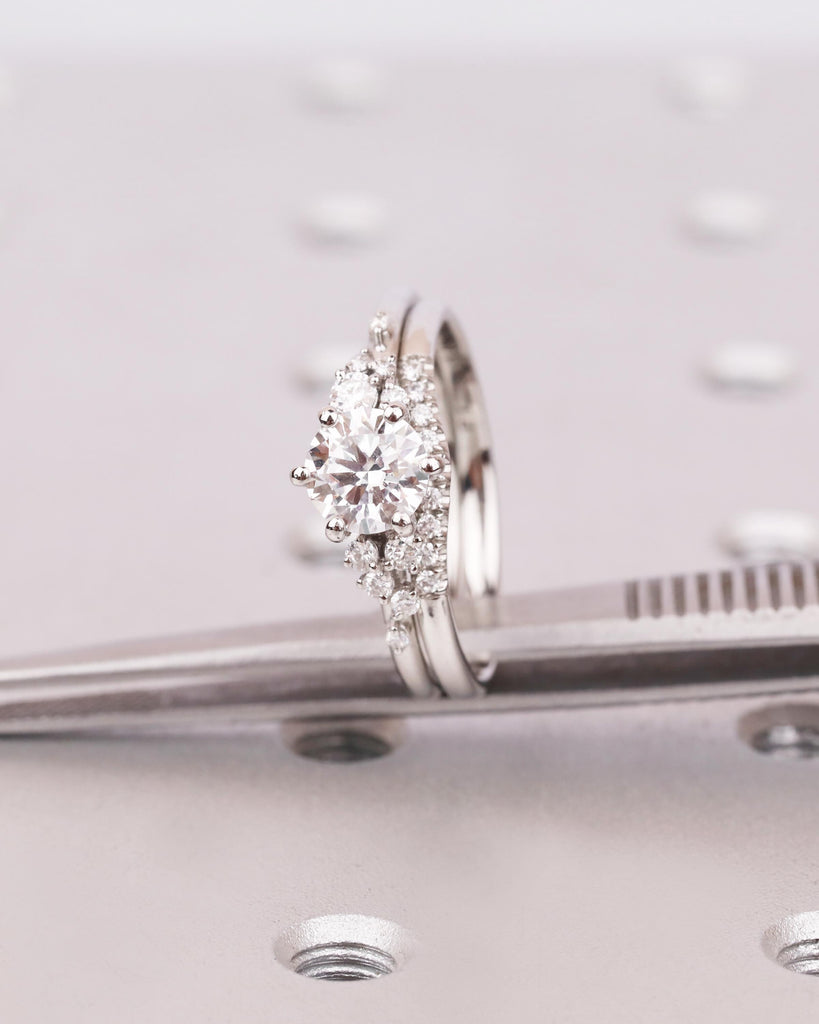 Vintage Lab Grown Diamond Snowdrift Cluster Engagement Ring with Matching Diamond Band, 2Pcs Bridal Ring Set image #5