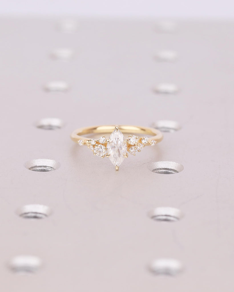 Marquise Cut Moissanite Engagement Rings for Women, 18k Yellow Gold Snowdrift Bridal Ring image #16