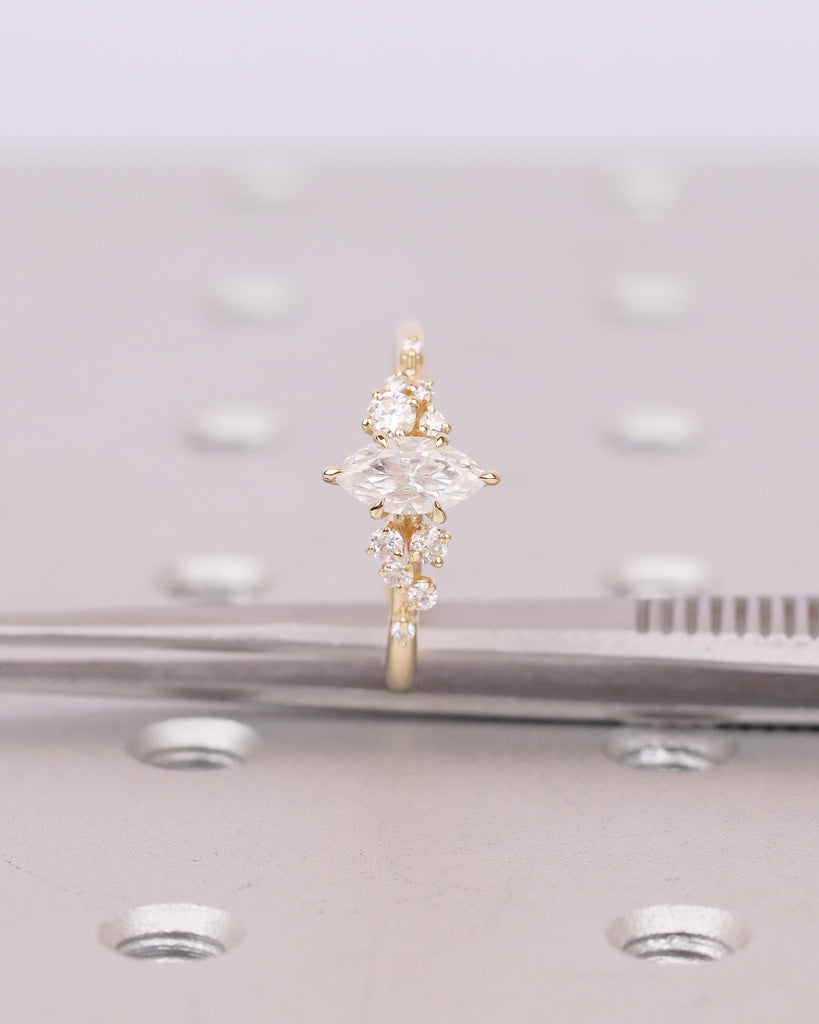 18k Solid Gold Moissanite Marquise Ring, Vintage Engagement Ring, Personalized Wedding Jewelry, Art Deco Snowdrift Diamond Cluster Rings image #20