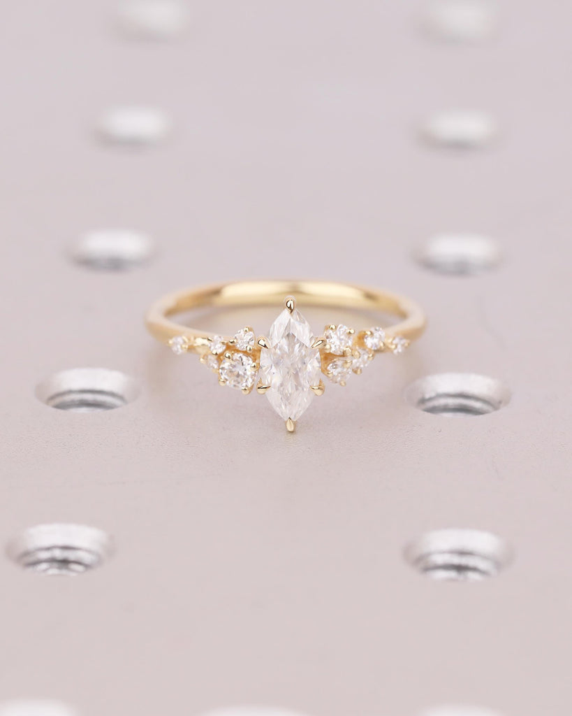 18k Solid Gold Moissanite Marquise Ring, Vintage Engagement Ring, Personalized Wedding Jewelry, Art Deco Snowdrift Diamond Cluster Rings image #14