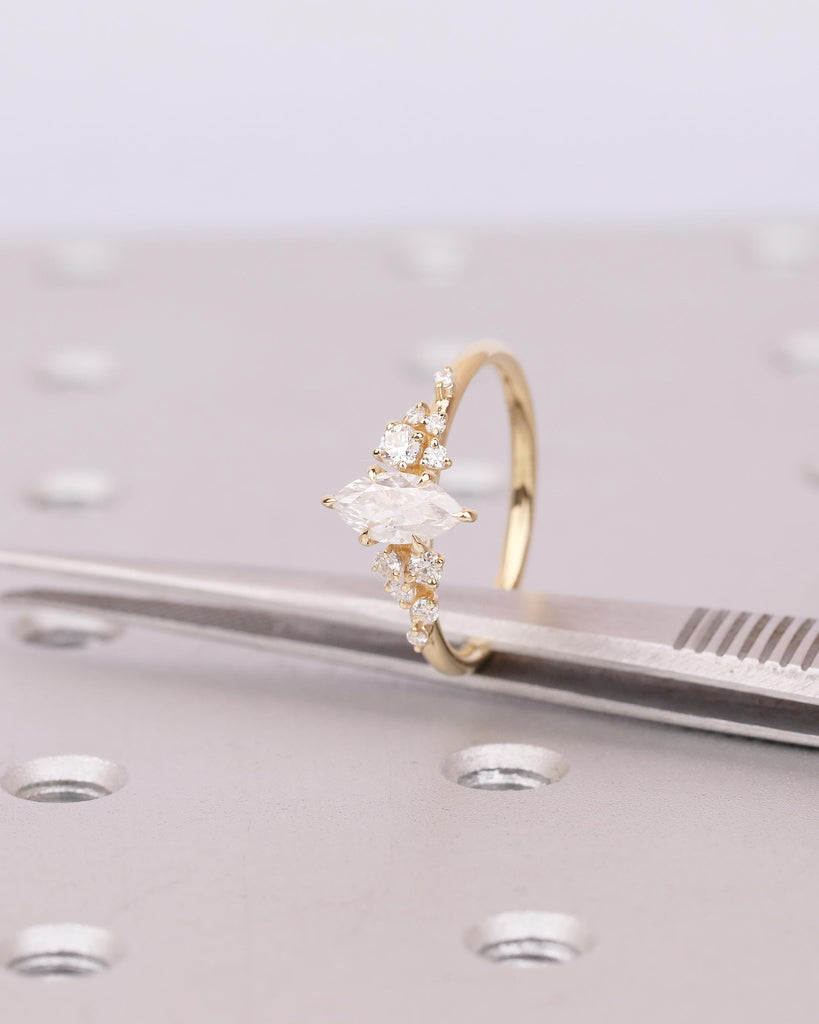 Marquise Cut Moissanite Engagement Rings for Women, 18k Yellow Gold Snowdrift Bridal Ring image #13
