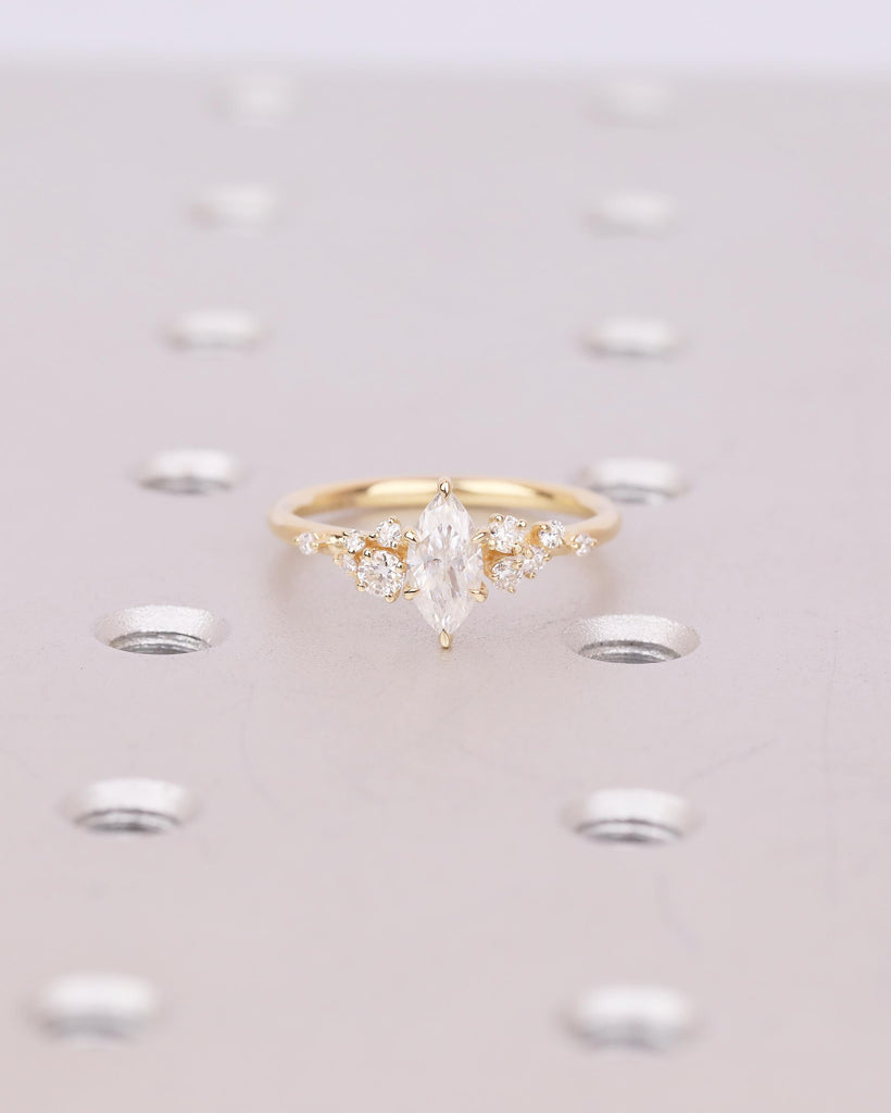 Lab Made Diamond Marquise Engagement Ring, 6 Prong 18k Gold Wedding Rings for Women, Snowdrift Moissanite Cluster Accents, Bridal Jewelry image #18