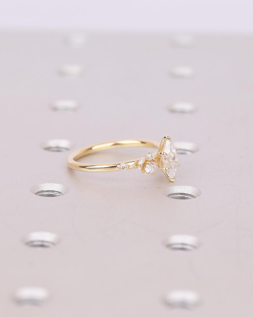Lab Made Diamond Marquise Engagement Ring, 6 Prong 18k Gold Wedding Rings for Women, Snowdrift Moissanite Cluster Accents, Bridal Jewelry image #4