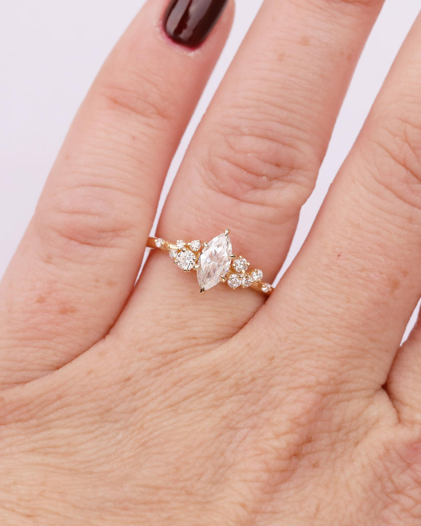 Lab Made Diamond Marquise Engagement Ring, 6 Prong 18k Gold Wedding Rings for Women, Snowdrift Moissanite Cluster Accents, Bridal Jewelry image #11
