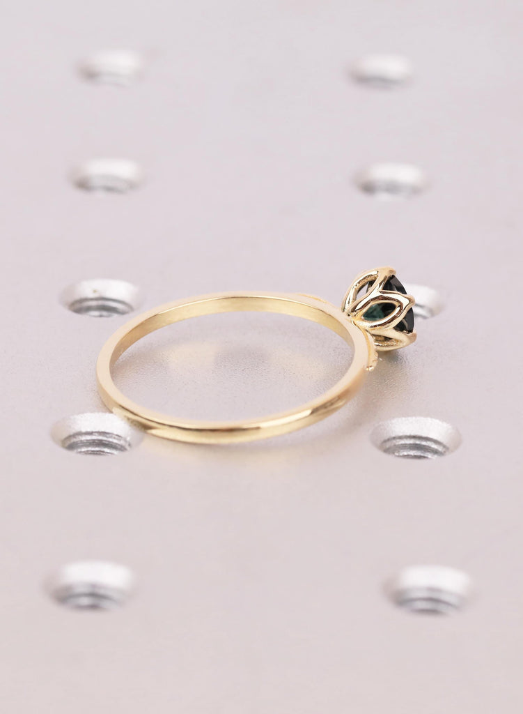 Teal Montana Sapphire Tulip Engagement Ring, Dainty Leaf Engraved Nature Ring image #5