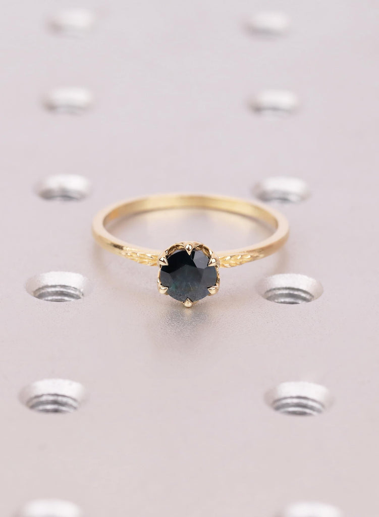 Montana Sapphire Ring with Lotus Petal Setting, Teal Sapphire Engagement Ring, 18K Yellow Gold Leaf Engraved Band image #3