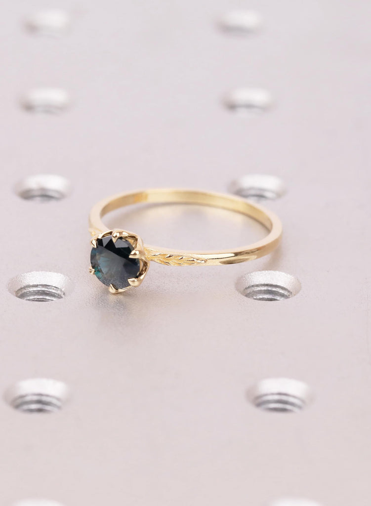 Montana Sapphire Ring with Lotus Petal Setting, Teal Sapphire Engagement Ring, 18K Yellow Gold Leaf Engraved Band image #4