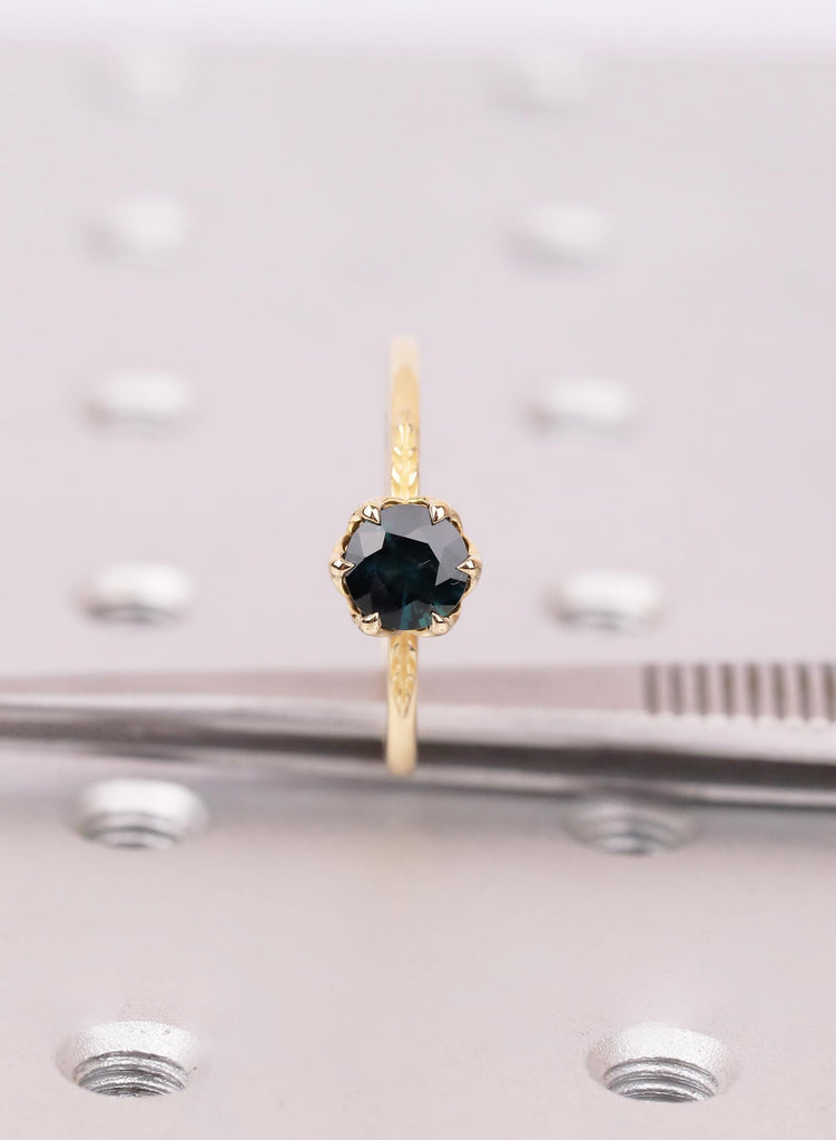Montana Sapphire Ring with Lotus Petal Setting, Teal Sapphire Engagement Ring, 18K Yellow Gold Leaf Engraved Band image #9