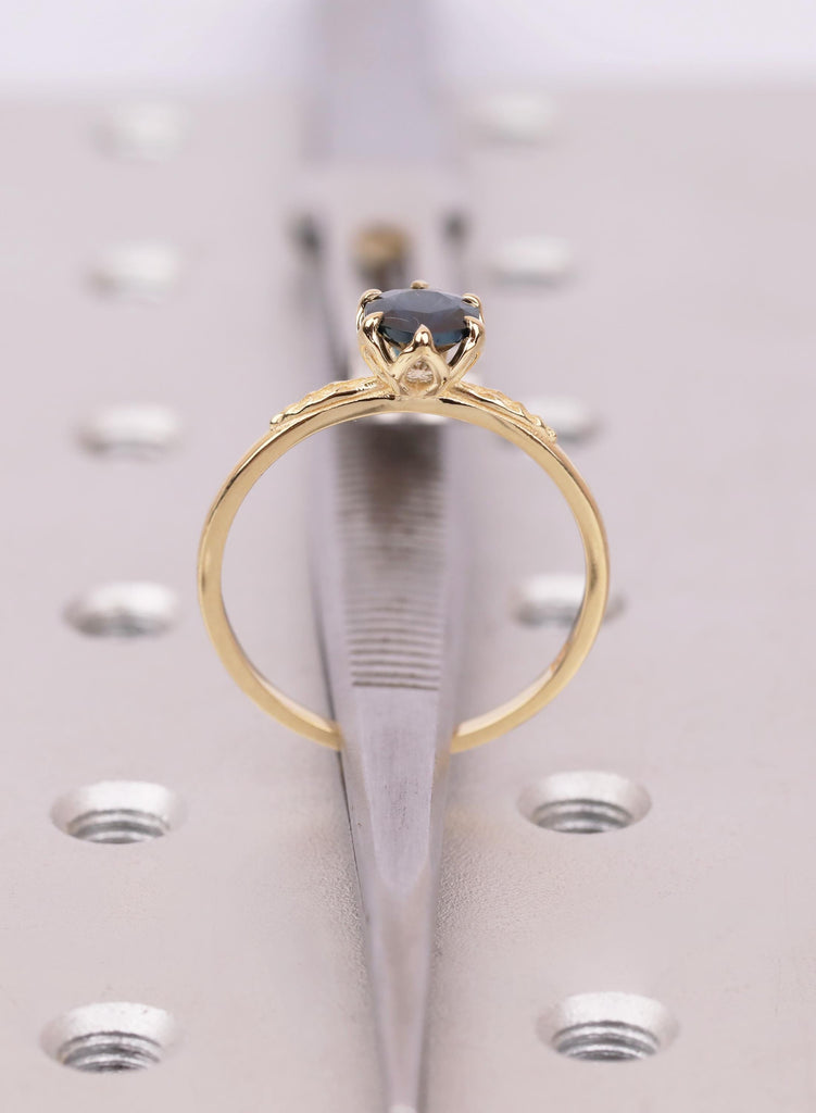 Teal Montana Sapphire Tulip Engagement Ring, Dainty Leaf Engraved Nature Ring image #10