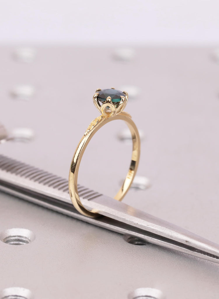 Montana Sapphire Ring with Lotus Petal Setting, Teal Sapphire Engagement Ring, 18K Yellow Gold Leaf Engraved Band image #11