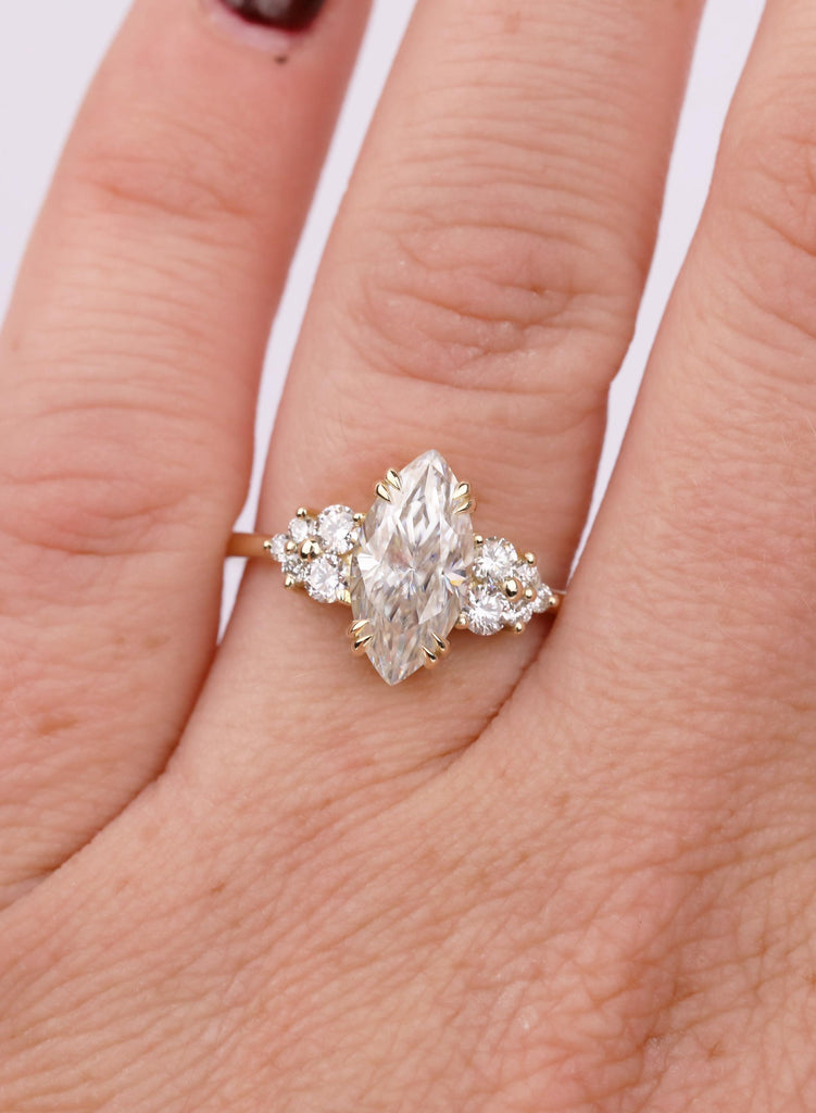 1.5 Carat Marquise Lab Grown Diamond Engagement Ring with Round Cluster Side Stones, Art Deco Style Promise Ring for Her image #3