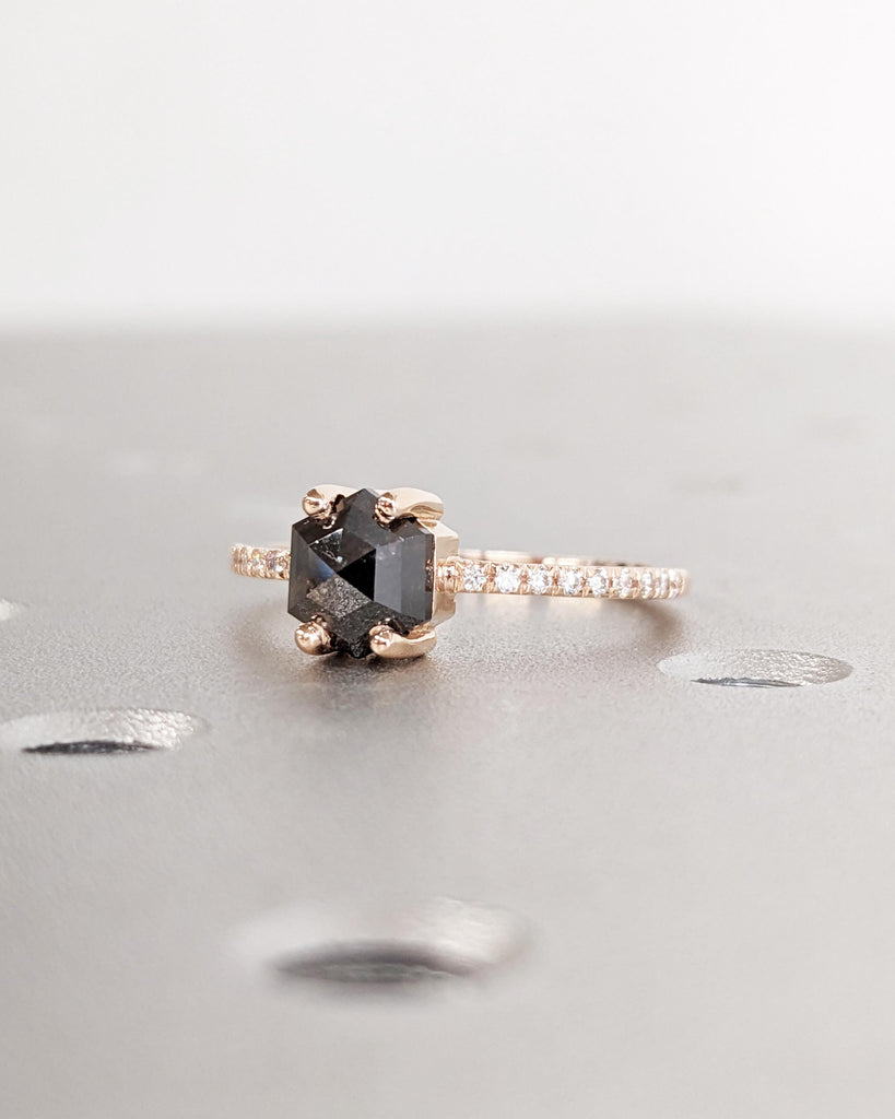 Hexagon Cut Salt and Pepper Diamond Ring, Dainty 14k Rose Gold Vintage Bridal Ring, Micropave Band image #4