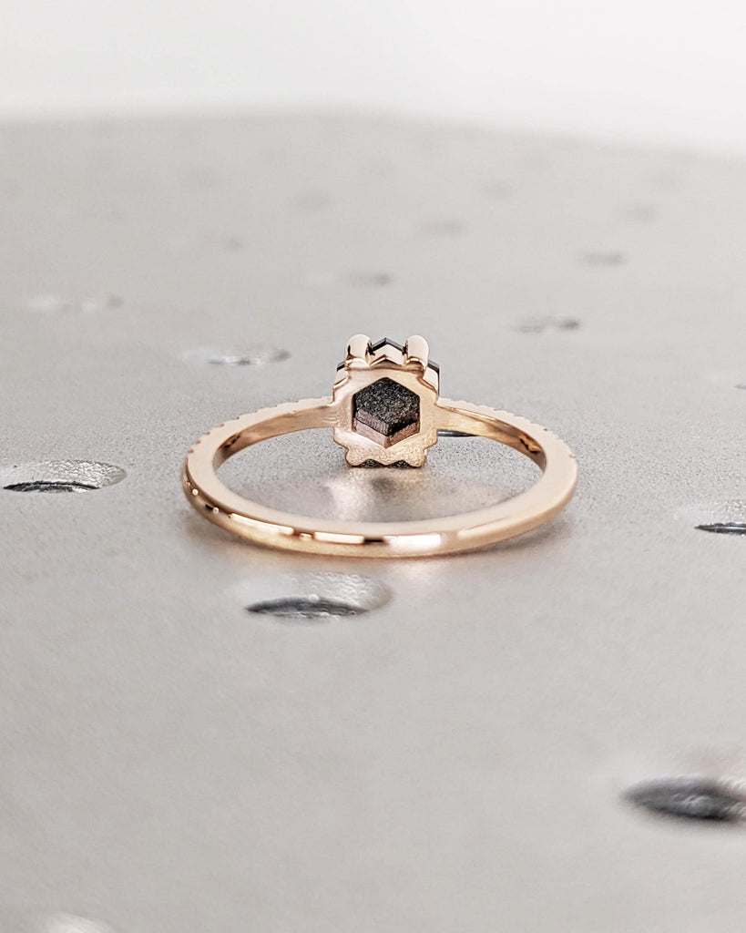 Vintage 1920's Salt and Pepper Diamond Hexagon Engagement Ring | 14k Yellow, Rose or White Gold | Dainty Pave Ring | Art Deco Promise Ring image #10