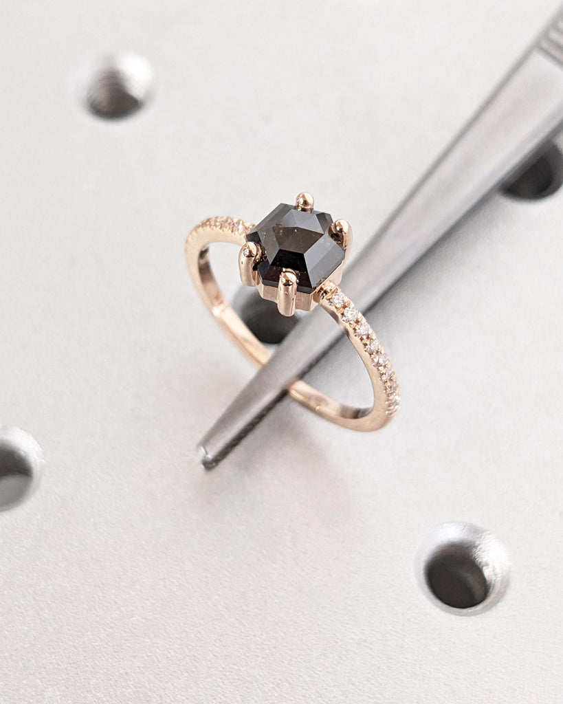 Vintage 1920's Salt and Pepper Diamond Hexagon Engagement Ring | 14k Yellow, Rose or White Gold | Dainty Pave Ring | Art Deco Promise Ring image #5