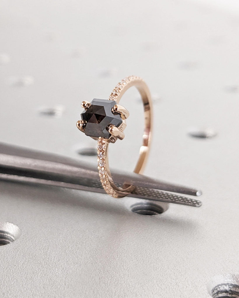 Vintage 1920's Salt and Pepper Diamond Hexagon Engagement Ring | 14k Yellow, Rose or White Gold | Dainty Pave Ring | Art Deco Promise Ring image #6