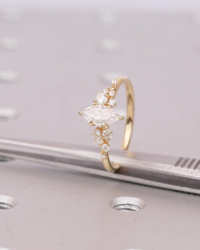 Lab Made Diamond Marquise Engagement Ring, 6 Prong 18k Gold Wedding Rings for Women, Snowdrift Moissanite Cluster Accents, Bridal Jewelry image #1