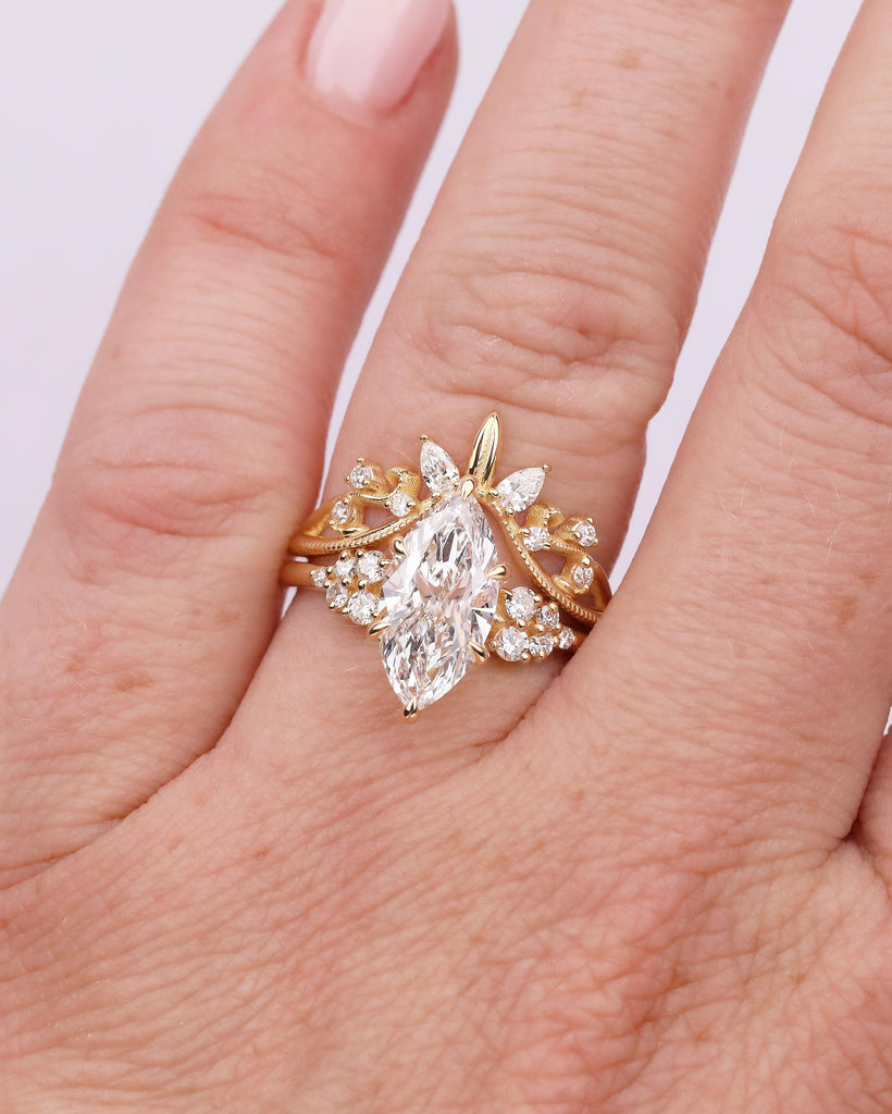Marquise Cut Moissanite Wedding Ring Set, 18k Yellow Gold Natural Diamond Cluster Ring, Vintage Nature Inspired Statement Rings for Women image #2