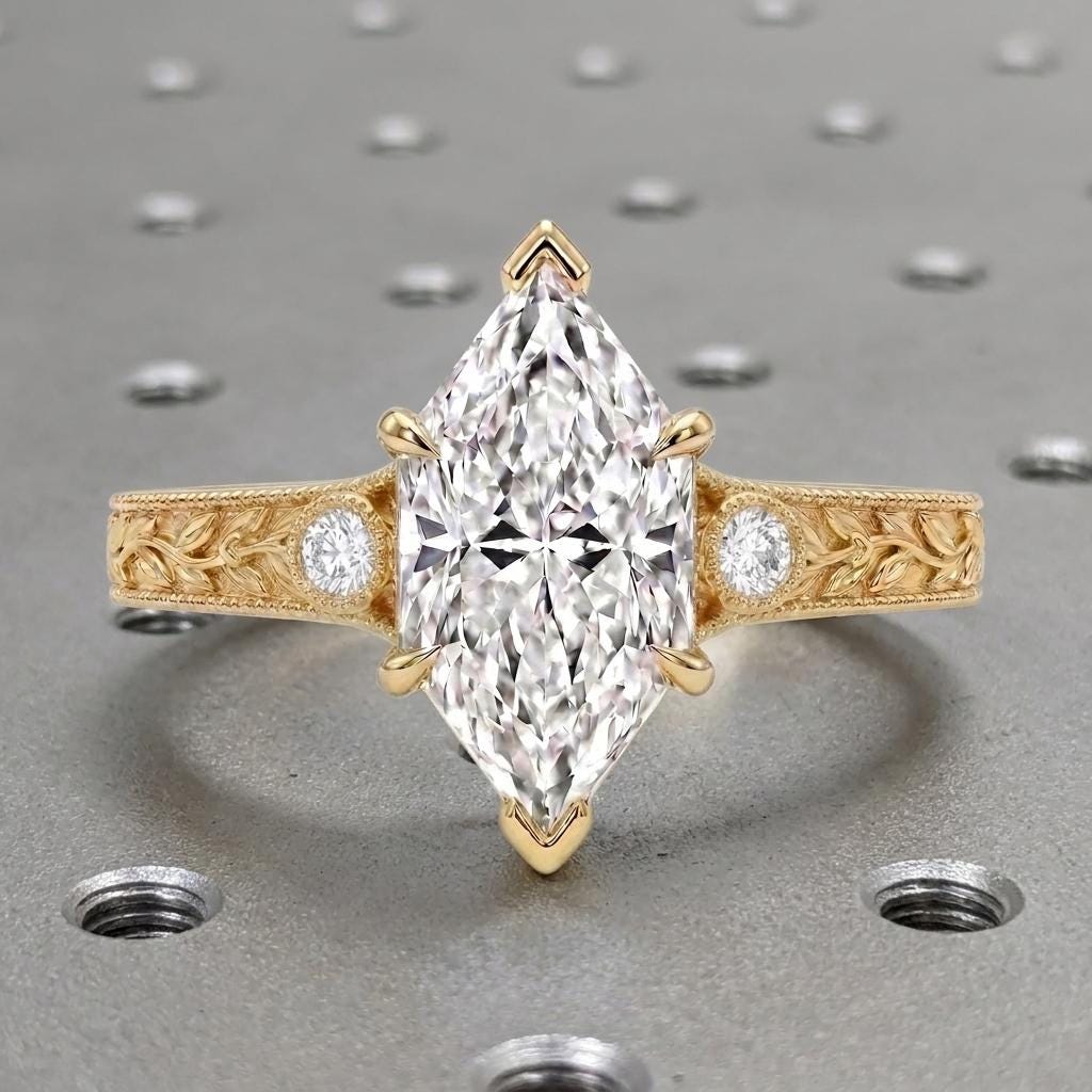 Dutch Marquise Diamond Vintage Engagement Ring | 14k/18k Gold Three Stone Wedding Ring | Anniversary Gift for Her image #5