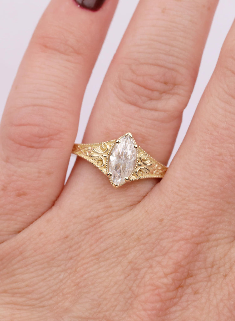 Vintage Art Deco Marquise Lab Diamond Engagement Ring, 14k Yellow Gold Filigree Ring, Milgrain Lab Grown Diamond Solitaire, Handmade Jewelry image #13